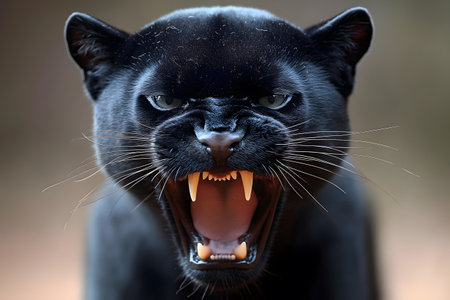 A fierce black panther roars, revealing its sharp teeth and intense gaze, embodying the power and strength of wildlife. the close-up details of its fur and the intensity of its stare, perfect for nature and wildlife-themed designs. Generative AIの素材
