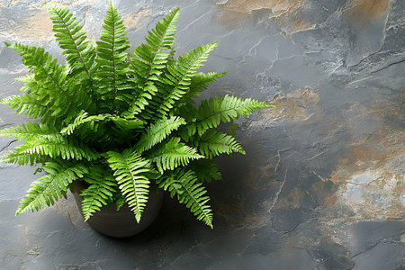 A lush green fern in a decorative planter is displayed on a textured stone-like surface. the vivid green leaves contrast with the earthy tones of the stone, creating a visually appealing composition ideal for indoor gardening inspiration. Generative AIの素材