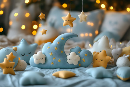 Whimsical nursery decor scene featuring soft star and cloud plushies against a backdrop of warm, glowing lights. perfect for creating a cozy and dreamy atmosphere in a child s bedroom or play area. Generative AIの素材