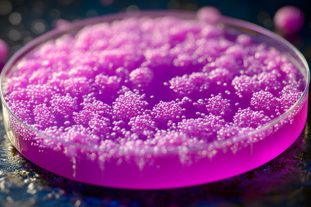 Close-up of a laboratory petri dish containing a vibrant pink microbial culture. the image highlights the intricate texture and detail of colonies, illustrating advances in biotechnology and scientific research. Generative AIの素材