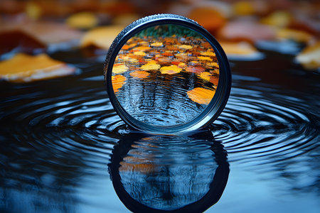 An artistic capture of autumn leaves reflected through a circular lens filter resting in rippling water. the mirrored foliage against the dark water creates a mesmerizing nature-inspired scene. Generative AIの素材