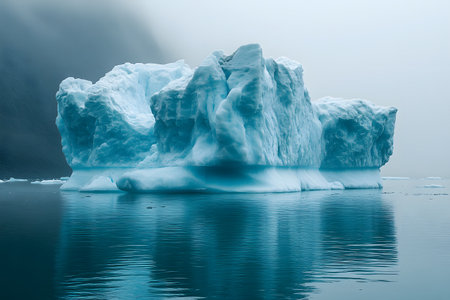 A large blue iceberg floats serenely in calm arctic waters, showcasing intricate ice formations and reflections on the water's surface. the scene conveys the tranquility and grandeur of polar landscapes. Generative AIの素材