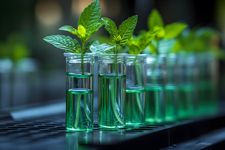 Mint plants are displayed growing in glass tubes filled with a green solution, symbolizing sustainable growth and biotechnology research. the setup represents innovation in agriculture and plant sciences. Generative AIの素材