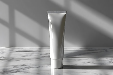 Minimalist white cosmetic tube displayed on a smooth marble surface, enhanced by dramatic shadows. ideal for showcasing skincare or beauty products, emphasizing clean and elegant design in natural lighting. Generative AIの素材