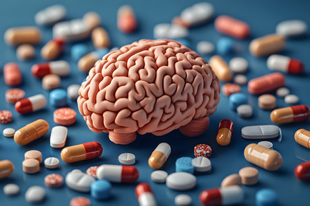 A detailed model of the human brain surrounded by various colorful medications on a blue surface, symbolizing the intersection of neuroscience, mental health, and pharmacology. the scene emphasizes the role of medication in brain health management. Generative AIの素材