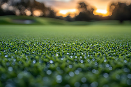 A beautifully lit golf course green at sunset displays the serene ambiance of an evening game. the vibrant colors and soft focus evoke tranquility and precision, ideal for golf enthusiasts and nature lovers alike. Generative AIの素材