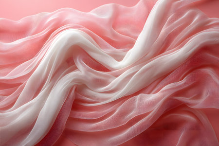 Flowing pink and white fabric with a smooth, silky texture set against a soft pink background. ideal for elegant design applications, backgrounds, or textile-themed projects, evoking grace and sophistication. Generative AIの素材