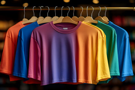 Colorful t-shirts in a spectrum of rainbow colors are neatly displayed on wooden hangers. the vibrant apparel is arranged in a retail environment, showcasing a range of hues from blue and purple to red, orange, and yellow. Generative AIの素材