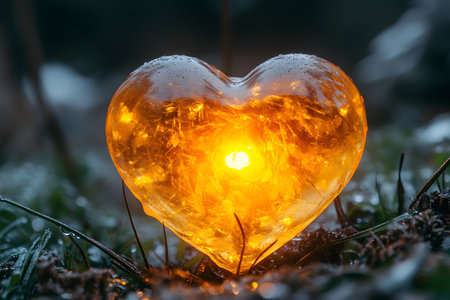 A glowing heart-shaped glass ornament rests on a grassy landscape, emitting a warm orange glow. surrounded by dew-kissed grass and subtle natural elements, this scene evokes romance, warmth, and organic beauty, ideal for valentine-themed decor or romantic settings. Generative AIの素材