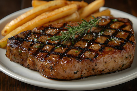 A perfectly grilled, juicy steak seasoned with herbs and spices, garnished with rosemary and served alongside golden, crispy french fries on a white plate, creating a classic and appetizing dinner presentation. Generative AIの素材