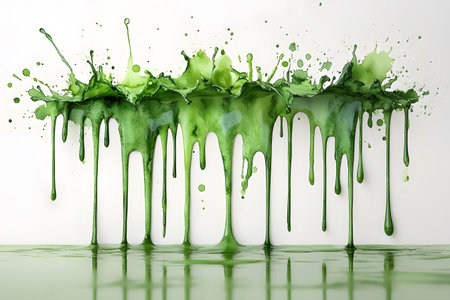 A dynamic green paint splash cascades down a white background, creating a striking abstract visual. the vibrant shades and fluid motion make it an ideal piece for contemporary art enthusiasts and design inspirations. Generative AIの素材