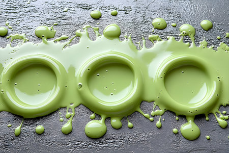 Green paint artfully dripped over a textured dark surface, forming three distinct circular patterns. the contrast between the vibrant green and dark background enhances its appeal for modern design projects. Generative AIの素材