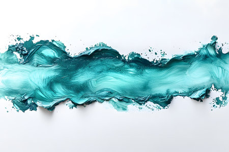 Dynamic abstract artwork featuring a vibrant teal brushstroke across a white background. ideal for modern art projects, graphic design, and creative decor, fluid motion and vivid color contrast. Generative AIの素材