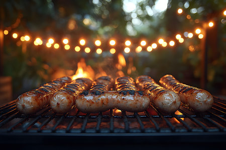 Juicy sausages sizzle on a grill against a backdrop of glowing string lights, creating a warm and inviting atmosphere for a night-time outdoor barbecue. perfect for social gatherings, summer parties, or festive celebrations. Generative AIの素材