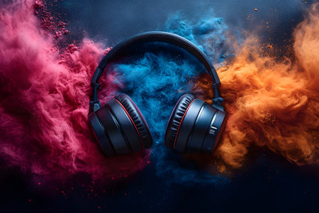 Black headphones set against a dynamic backdrop of swirling red, blue, and orange smoke, symbolizing the energy and vibrancy of music. ideal for designs emphasizing music, creativity, and audio experiences. Generative AIの素材