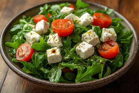 A fresh arugula salad topped with savory feta cheese cubes and ripe cherry tomatoes. light pepper seasoning adds flavor, making it an ideal choice for a nutritious and appetizing meal. Generative AIの素材