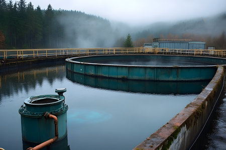 Overlook view of an industrial water treatment facility surrounded by a mist-covered forest. the circular tanks reflect the serene, foggy atmosphere, the blend of nature and technology in environmental management. Generative AIの素材