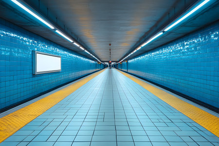 Symmetrical view of a subway corridor featuring vibrant blue tiles and yellow safety edges. the evenly lit pathway creates a futuristic ambiance, drawing the eye towards the exit at the far end, exuding a sense of depth and modernity. Generative AIの素材