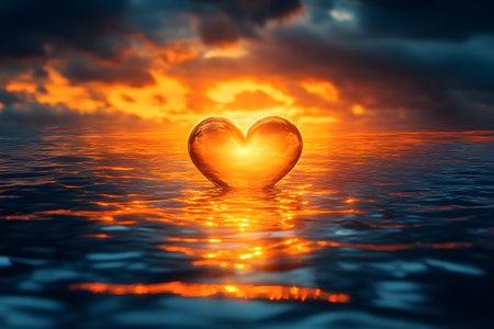 A heart-shaped object floats gracefully on calm ocean waters during a vibrant sunset. the orange and blue hues reflect beautifully, creating a serene and romantic atmosphere. ideal for use in designs emphasizing love, tranquility, or nature. Generative AIの素材