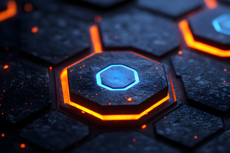 A striking close-up of futuristic hexagonal shapes illuminated by vibrant blue and orange neon lights on a textured surface. this abstract design is ideal for technology, gaming, or sci-fi themed projects, emphasizing modernity and innovation. Generative AIの素材
