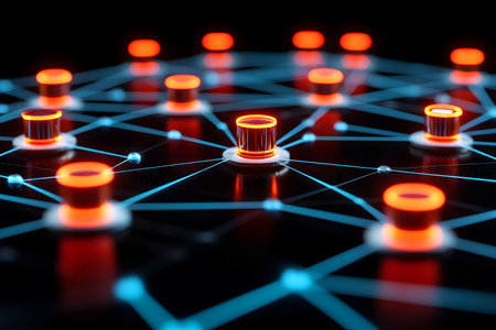 Glowing nodes are connected by bright lines, forming a network across a dark background. this image symbolizes digital connectivity and technological integration, perfect for illustrating modern communication concepts. Generative AIの素材