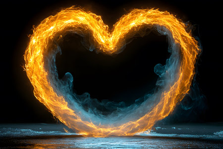 A dynamic heart-shaped flame combines vibrant orange and cool blue tones, symbolizing passion and love. the contrasting colors against a black background create an intense and dramatic visual effect, ideal for romantic or emotional themes. Generative AIの素材