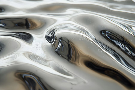 A close-up view of a metallic fluid texture featuring smooth, flowing waves and reflective surfaces. the image displays a modern and abstract aesthetic, providing an ideal background for design projects, digital art, or creative presentations. Generative AIの素材