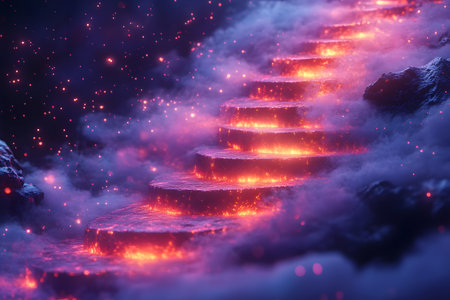 A mystical stairway formed from glowing lava stones ascends through a dense, magical fog. sparks float around, illuminating the surreal path. ideal for fantasy-themed designs, digital art inspiration, or mystical storytelling backdrops. Generative AIの素材