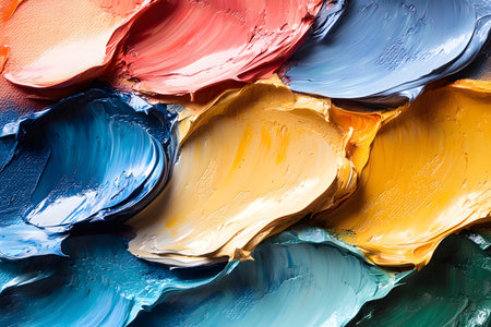 A vivid collection of colorful oil paint strokes, showcasing a textured abstract design with hues of red, blue, yellow, and orange. ideal for art backgrounds, design inspiration, or creative print concepts. Generative AIの素材