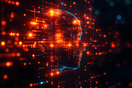 A digital rendering of a human head profile composed of interconnected glowing elements. this image illustrates advanced technology, artificial intelligence, and the concept of virtual reality in futuristic design. Generative AIの素材