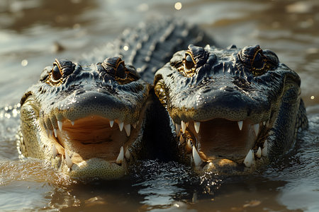 Two alligators with open jaws swim in a murky water setting, showcasing their powerful teeth and textured scales. the scene highlights the raw beauty and strength of these reptiles in their natural habitat. Generative AIの素材