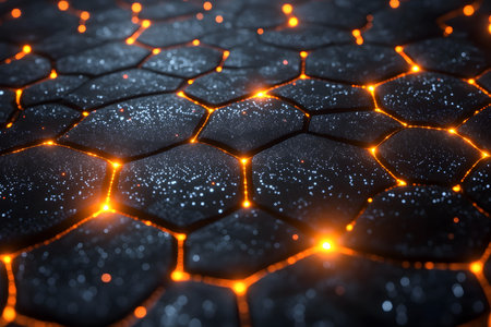 A mesmerizing abstract pattern featuring glowing hexagonal shapes with vibrant orange illumination. the textured surface resembles a futuristic, digital landscape with shimmering, white specks creating a dynamic visual effect. Generative AIの素材