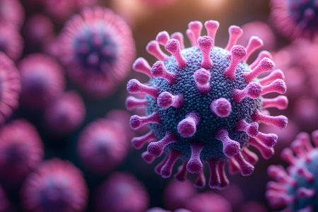 Close-up visualization of viral particles, showcasing a spherical structure with pink and purple spikes. ideal for medical research, scientific presentations, and educational materials focused on virology and microbiology. Generative AIの素材