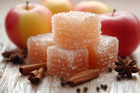 Apple jelly cubes elegantly arranged with star anise, cinnamon sticks, and whole peppercorns on a rustic wooden surface. backdrop features fresh red and yellow apples, conveying a warm, autumnal atmosphere. Generative AIの素材