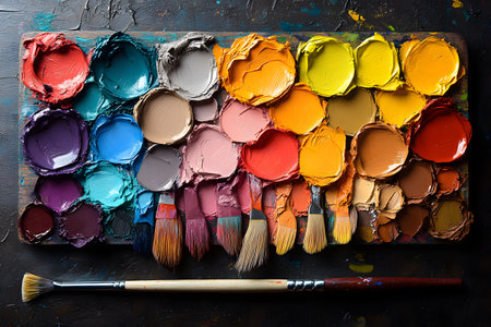 A rustic wooden tabletop covered with a vibrant array of oil paints arranged in a circular palette. various artist brushes showcase bristles stained in different hues, emphasizing creativity, color dynamics, and artistic inspiration. Generative AIの素材