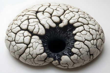 A striking abstract sculpture resembling a cracked brain, featuring intricate textures and a central dark cavity. this piece modern art's exploration of organic forms merged with surrealism. Generative AIの素材