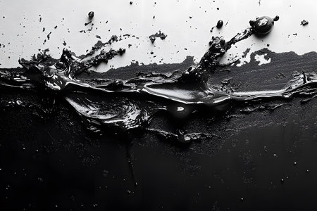 Dynamic black liquid splash on a textured surface creating a striking abstract composition. featuring bold contrasts and fluid motion, perfect for contemporary art, graphic design, and visual storytelling. Generative AIの素材