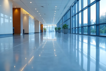 Bright office corridor featuring expansive windows allowing natural light, highlighted by a polished reflective floor. potted plants add a touch of nature, creating an inviting and professional atmosphere perfect for architectural inspiration. Generative AIの素材
