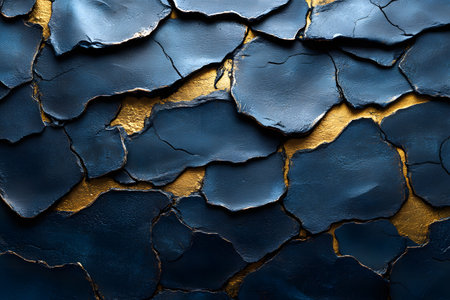 A striking abstract image featuring a textured surface with layers of deep blue and vibrant gold. the contrasting colors and cracked patterns create a visually dynamic and artistic composition, ideal for creative design projects. Generative AIの素材