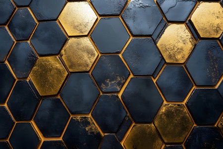 A striking gold and black hexagonal pattern features metallic textures and geometric precision, ideal for contemporary interior design projects. the mix of matte and shiny surfaces adds depth and elegance. Generative AIの素材