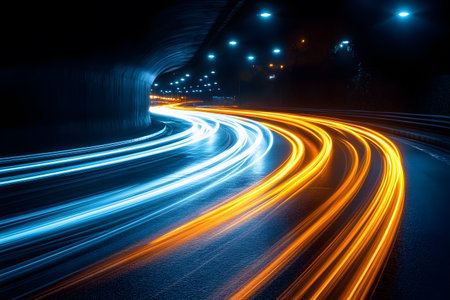 Vibrant orange and blue light trails weave through a dimly lit tunnel, capturing the essence of speed and motion through long exposure photography. a modern blend of technology and art, perfect for digital designs and creative projects. Generative AIの素材