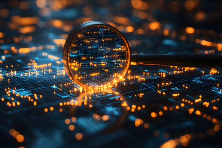 A magnifying glass highlights glowing circuits and data points on a digital board, symbolizing advanced technology, data analysis, and cybersecurity. the scene conveys a sense of precision and innovation in the technological field. Generative AIの素材