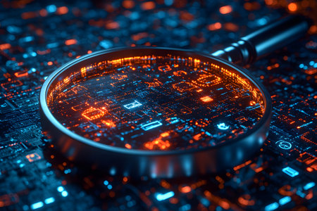 A magnifying glass hovers over a glowing digital circuit board filled with intricate pathways and connections, symbolizing technological innovation, digital analysis, and future advancements in electronics and computing. Generative AIの素材