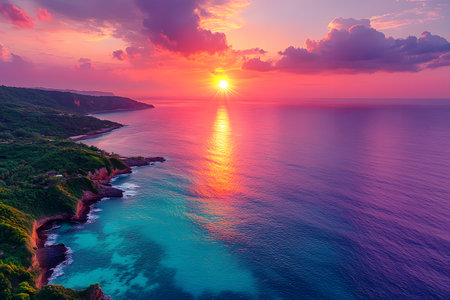 Vibrant sunset over a tropical coastline with lush green cliffs and clear ocean waters. the sun casts a golden reflection across the sea, blending with pink and purple hues in the sky, creating a serene and picturesque landscape. Generative AIの素材