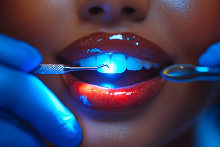 Close-up of a patient's mouth during a dental procedure. dental tools held by gloved hands and a uv light illuminate the teeth, showcasing modern oral care and hygiene practices in a dental clinic setting. Generative AIの素材