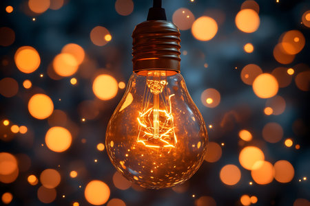 A glowing light bulb radiates warm light against a vibrant bokeh backdrop, evoking a sense of inspiration and innovation. ideal for design projects emphasizing creativity, warmth, and brightness. Generative AIの素材