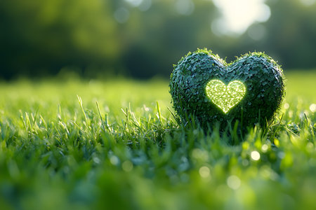 A heart-shaped topiary made of lush green leaves is illuminated in the center, symbolizing love and nature. the vibrant greenery and soft focus background create a serene and enchanting garden atmosphere. Generative AIの素材