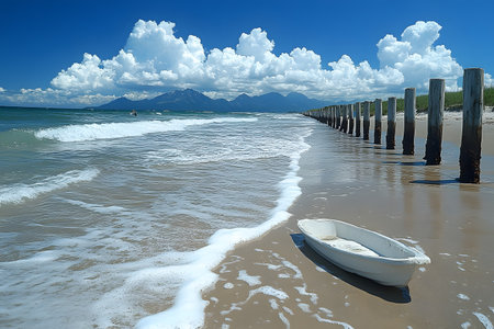 Serene coastal scene featuring a calm beach with gentle waves, a solitary white rowboat on the sandy shore, and a line of rustic wooden posts. the bright blue sky complements the tranquil ocean, creating an idyllic seaside atmosphere. Generative AIの素材