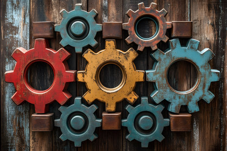 Artistic arrangement of colorful industrial gears mounted on a rustic wooden background, symbolizing concepts of teamwork and mechanical engineering. the gears in varied sizes and hues create a visually striking and balanced composition. Generative AIの素材