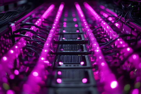 A modern data center showcases sleek rows of computer servers illuminated with vibrant purple led lights. this high-tech environment is perfect for concepts of innovation, digital technology, and network infrastructure. Generative AIの素材